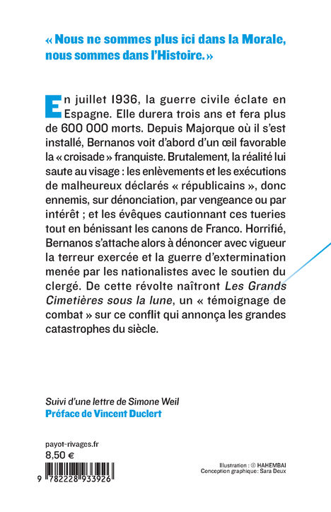 Les grands cimetières sous la lune - Georges Bernanos, Vincent Duclert - PAYOT