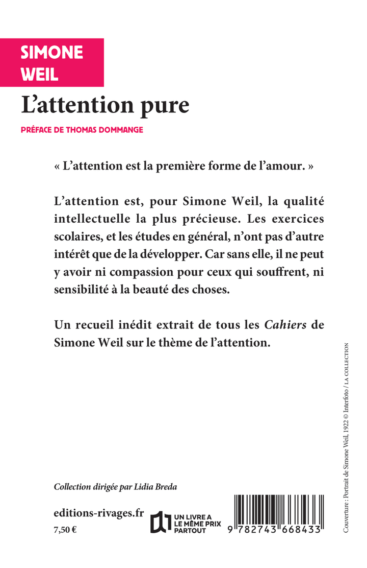 L'attention pure - Simone Weil, Thomas Dommange - RIVAGES
